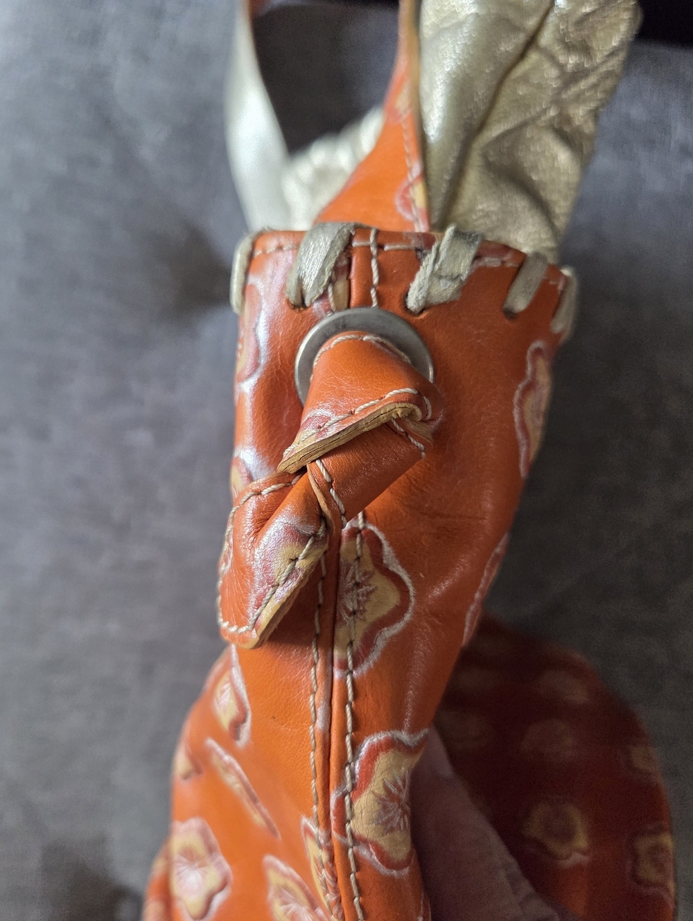 PULICATI Orange Floral Embossed Leather Bucket Bag with Gold Drawstring - Picture 13 of 13